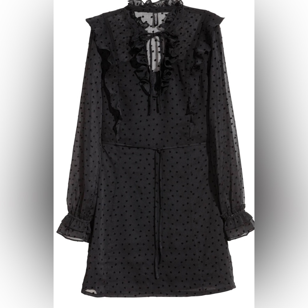 H&M Black Swiss Dot Ruffle Mini Dress Sheer Long Sleeve Tie Neck Size 4
